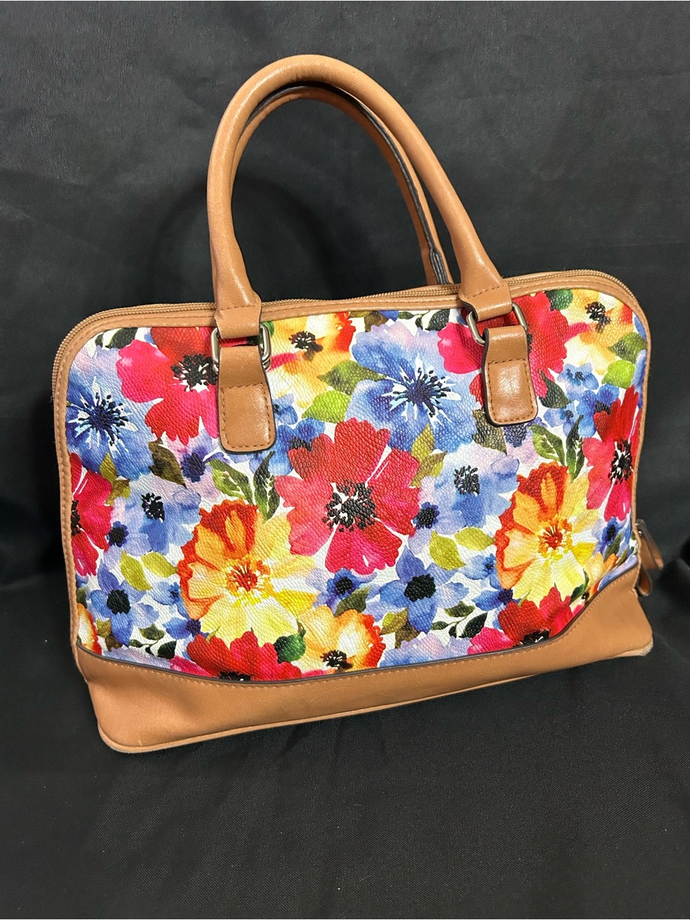 Bueno Floral Dome Satchel Handbag with Tan Trim & Red Interior